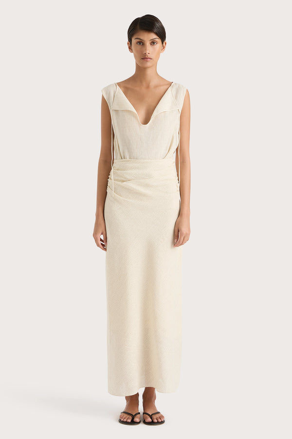 faithfull the brand Aveline Dress Beige Pinstripe