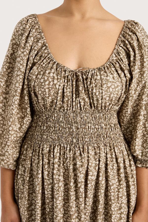 Faithfull The Brand Fleur Maxi Dress Micro Leaves Walnut - Final Sale