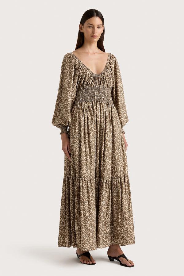 Faithfull The Brand Fleur Maxi Dress Micro Leaves Walnut - Final Sale