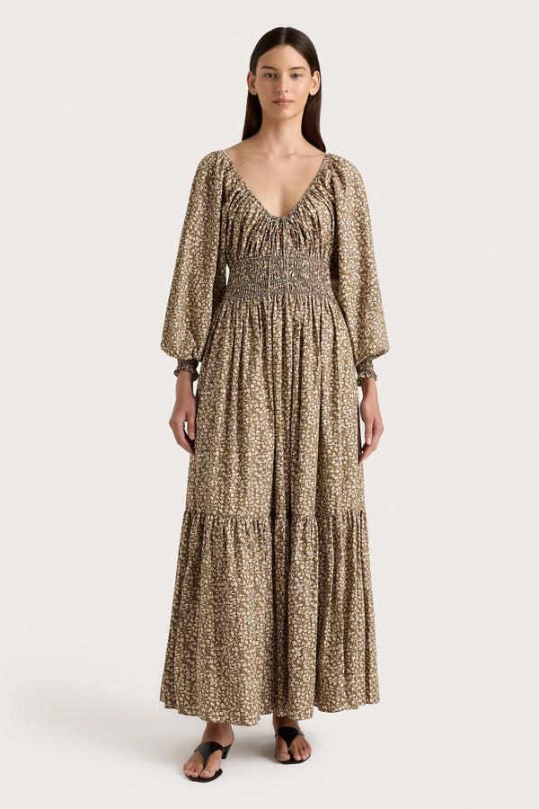 faithfull the brand Fleur Maxi Dress Micro Leaves Walnut - Final Sale