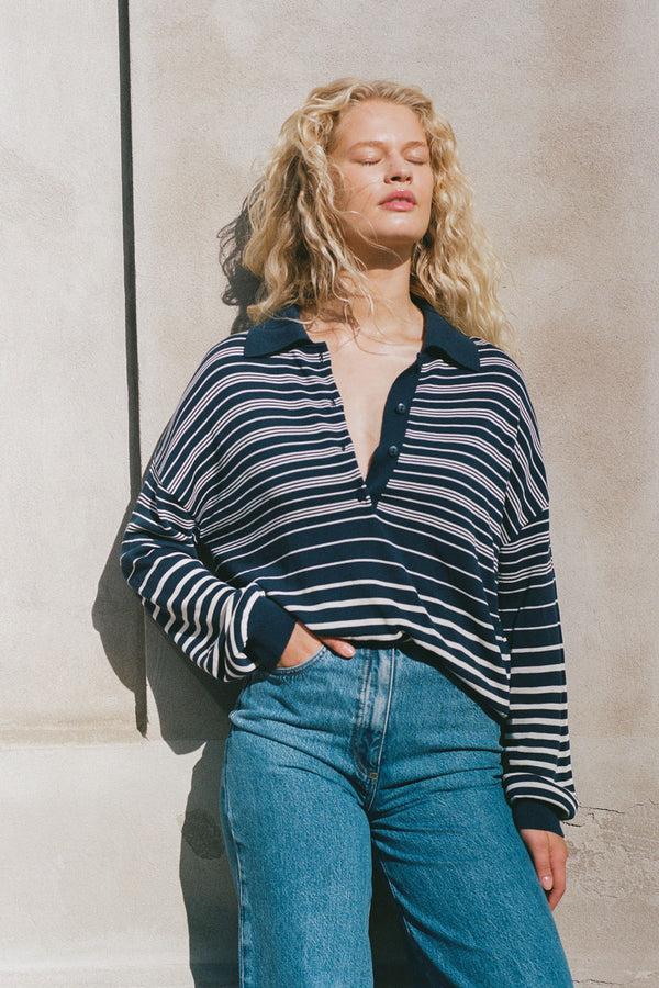 Faithfull The Brand Harlow Oversized Polo Scandi Stripe Navy Cream