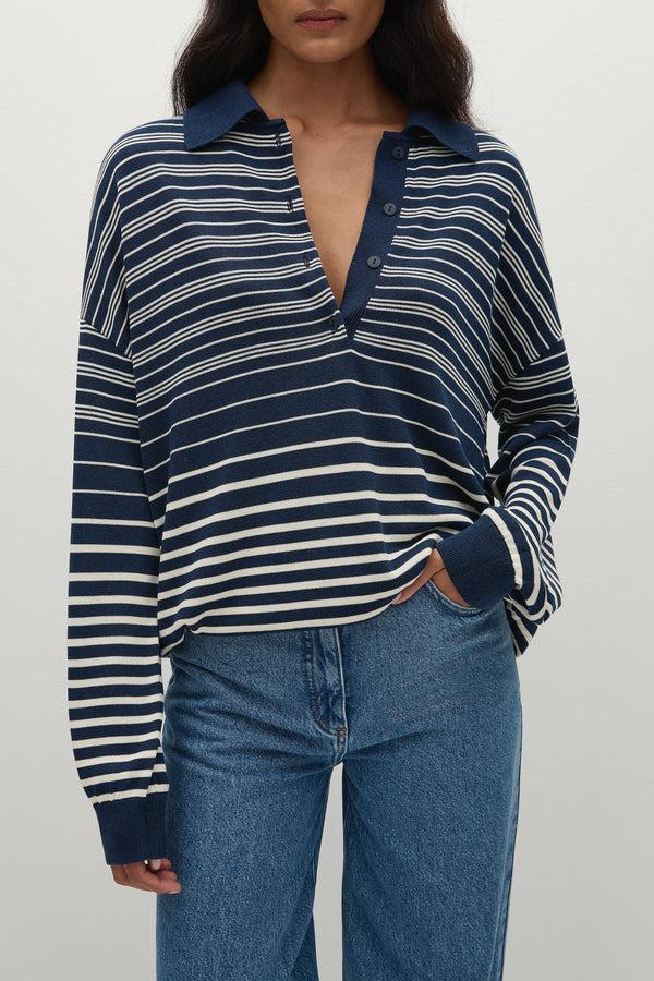 Faithfull The Brand Harlow Oversized Polo Scandi Stripe Navy Cream