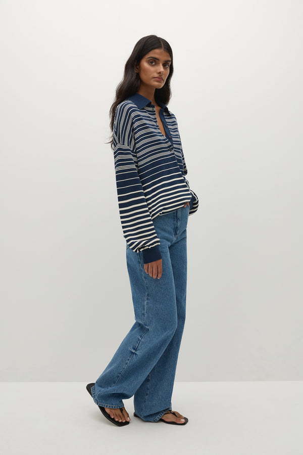 Faithfull The Brand Harlow Oversized Polo Scandi Stripe Navy Cream