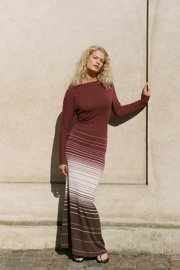 Faithfull The Brand Idun Maxi Dress Accordion Stripe Bordeaux