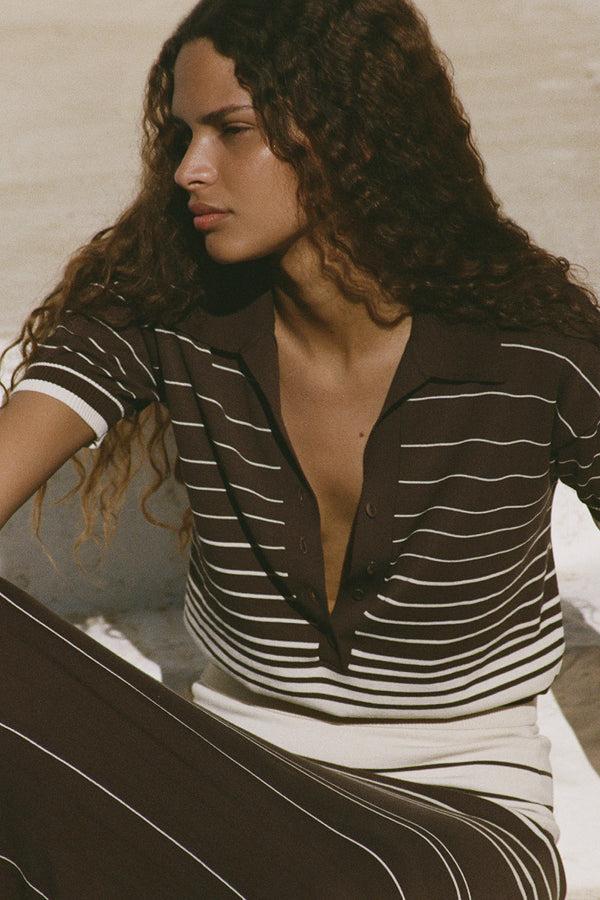 Faithfull The Brand Sable Polo Shirt Accordion Stripe Brown Beige