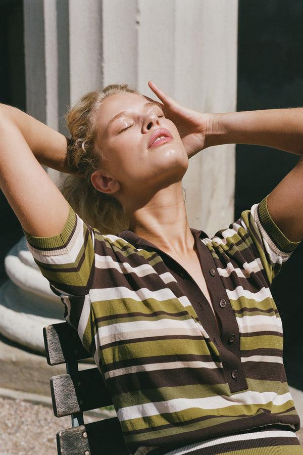 Faithfull The Brand Sable Polo Shirt Espresso Pine Stripe