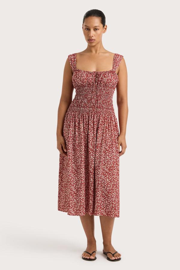 faithfull the brand Yerres Midi Dress Peony Stamp Garnet - Final Sale