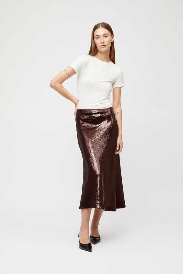 Fall Winter Spring Summer Bias Cut Sequin Skirt Dark Burgundy