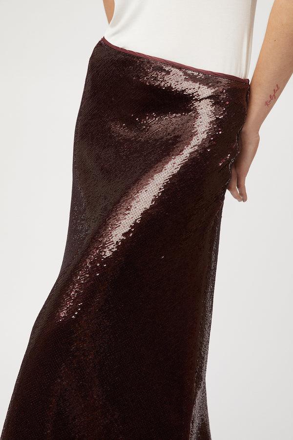 Fall Winter Spring Summer Bias Cut Sequin Skirt Dark Burgundy