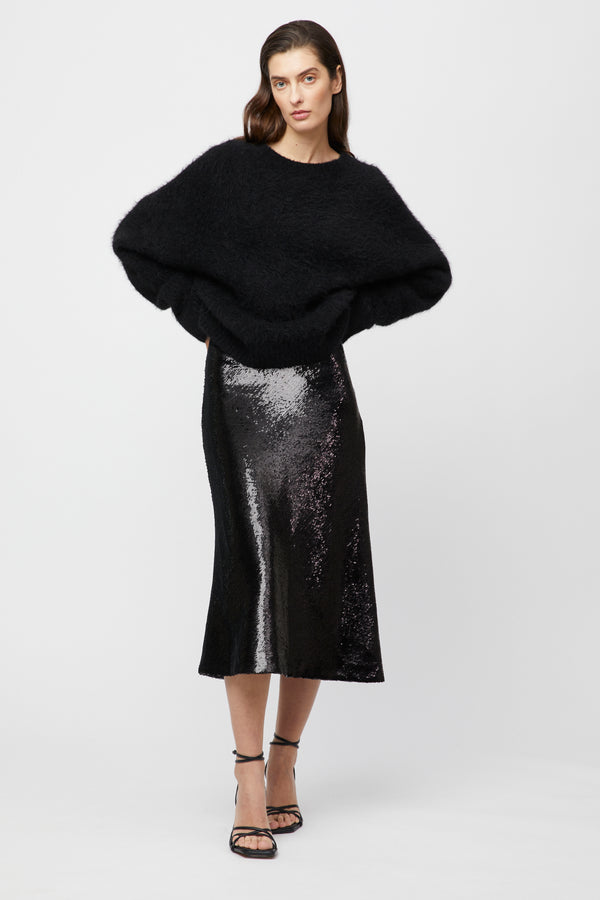fall winter spring summer Bias Cut Sequin Skirt Jet Black