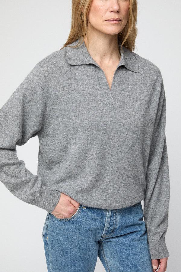 Fall Winter Spring Summer Cashmere Polo Sweater Gray Melange