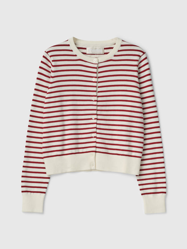 Fall Winter Spring Summer Classic Cotton Cardigan Cream Winetasting Stripe