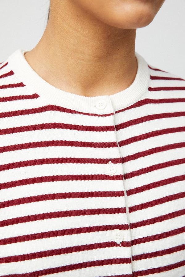 Fall Winter Spring Summer Classic Cotton Cardigan Cream Winetasting Stripe