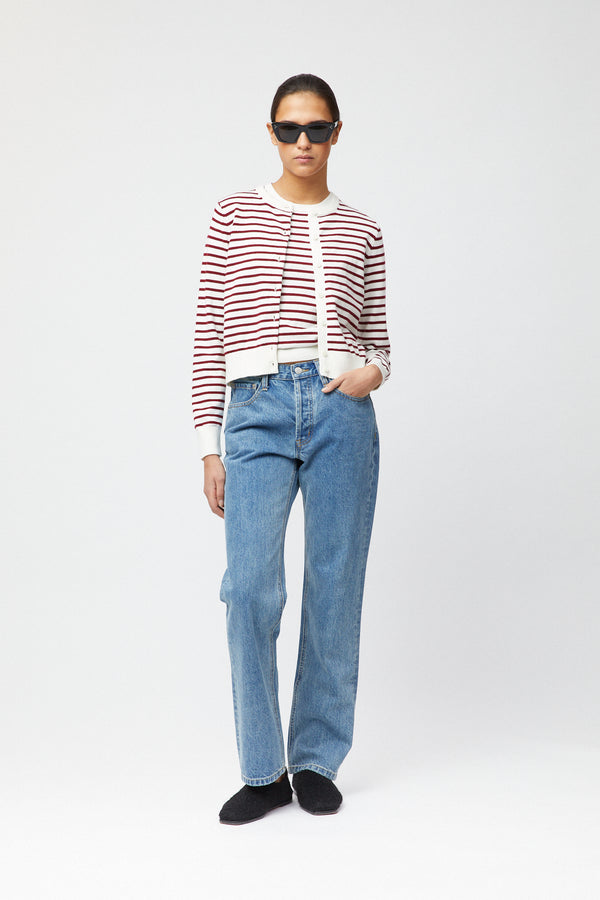 fall winter spring summer Classic Cotton Cardigan Cream Winetasting Stripe