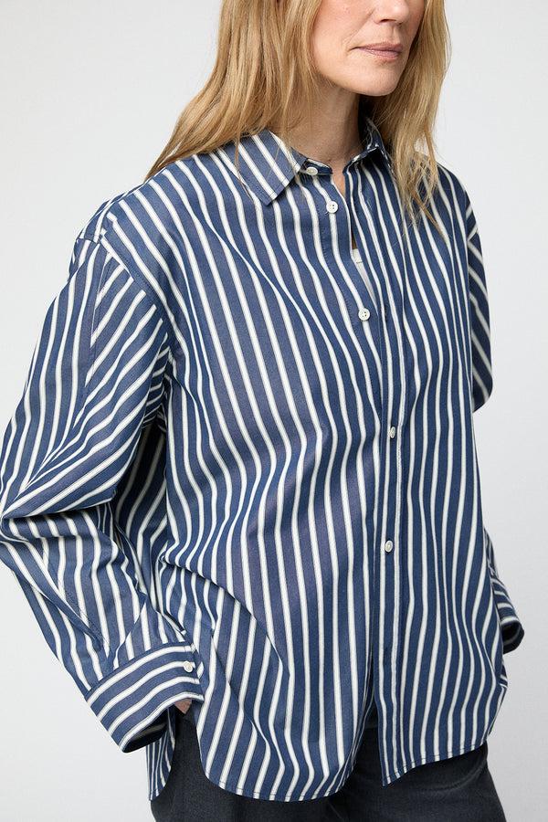 Fall Winter Spring Summer Coastal Shirt Dark Navy White Pinstripe