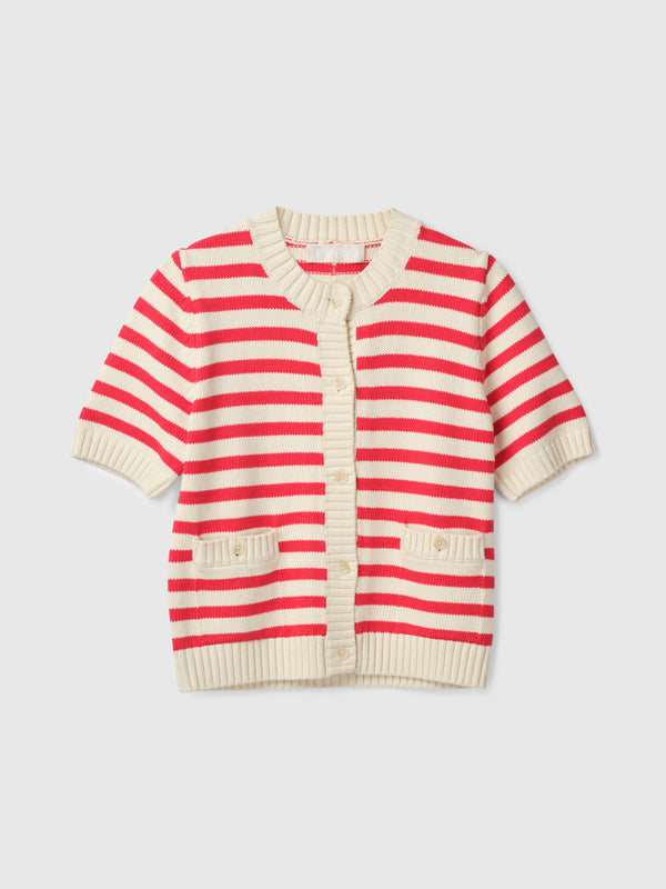 Fall Winter Spring Summer Heavy Cotton Cardigan Tee Cream Crimson Stripe