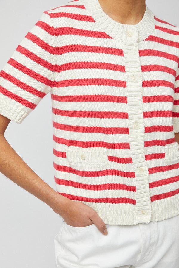 Fall Winter Spring Summer Heavy Cotton Cardigan Tee Cream Crimson Stripe