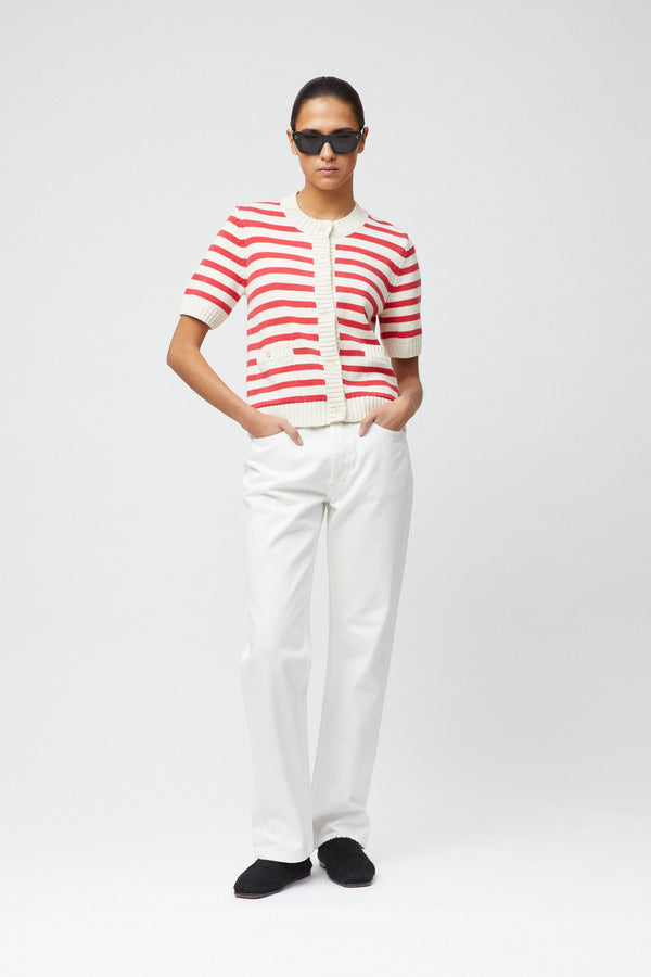 fall winter spring summer Heavy Cotton Cardigan Tee Cream Crimson Stripe