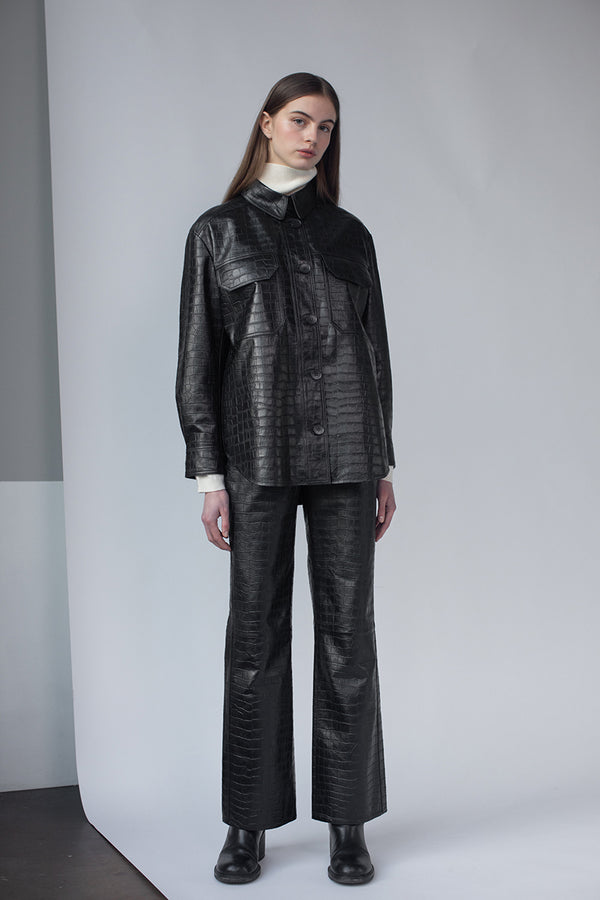 Fall Winter Spring Summer Kansu Croco-Effect Leather Pants Anthracite Black