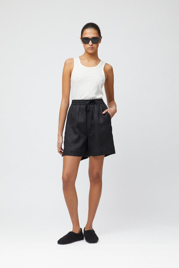 fall winter spring summer Linen Fisherman Shorts Jet Black