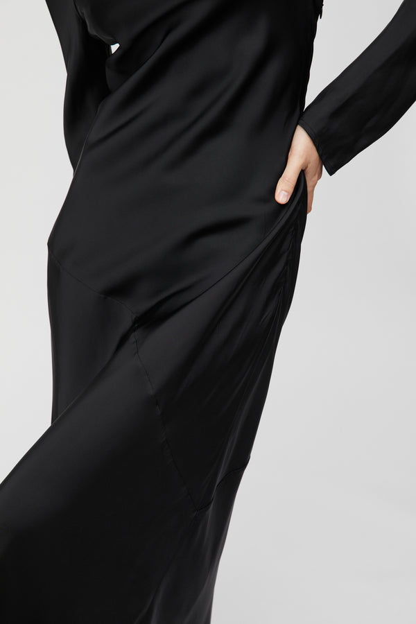 Fall Winter Spring Summer Longsleeve Bias Cut Slip Dress Jet Black