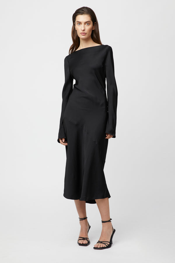 fall winter spring summer Longsleeve Bias Cut Slip Dress Jet Black