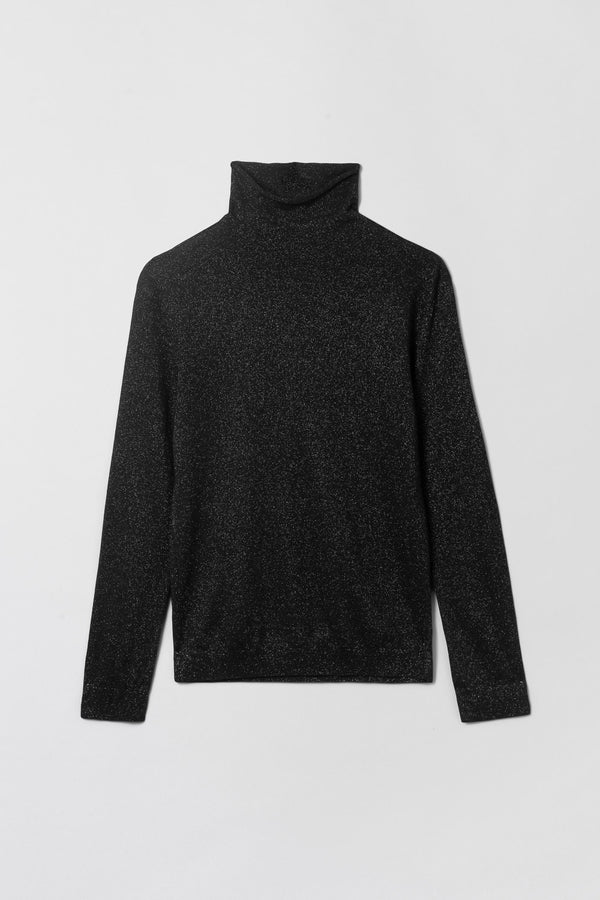 Fall Winter Spring Summer Metallic Wool Turtleneck Long Sleeve Jet Black