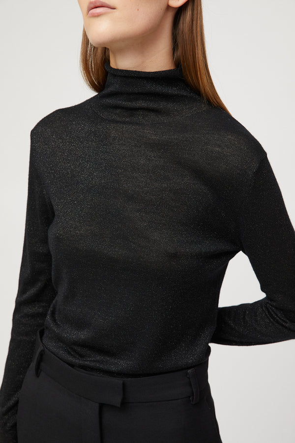 Fall Winter Spring Summer Metallic Wool Turtleneck Long Sleeve Jet Black