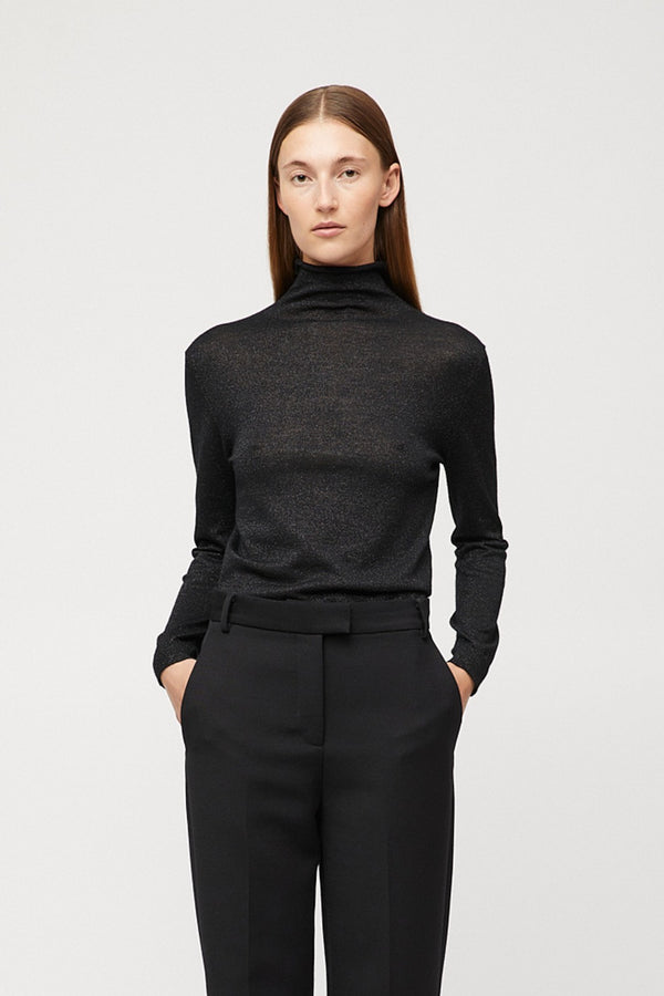 fall winter spring summer Metallic Wool Turtleneck Long Sleeve Jet Black