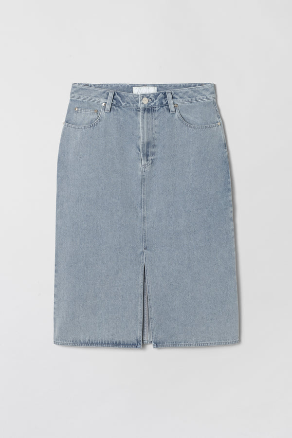 Fall Winter Spring Summer Midi Denim Skirt Washed Denim Blue