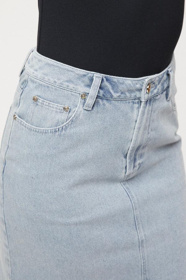 Fall Winter Spring Summer Midi Denim Skirt Washed Denim Blue