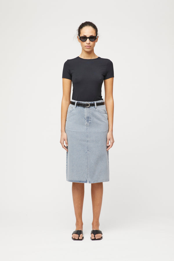 fall winter spring summer Midi Denim Skirt Washed Denim Blue