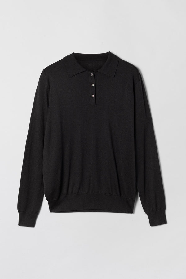 Fall Winter Spring Summer Silk Cashmere Polo Sweater Jet Black