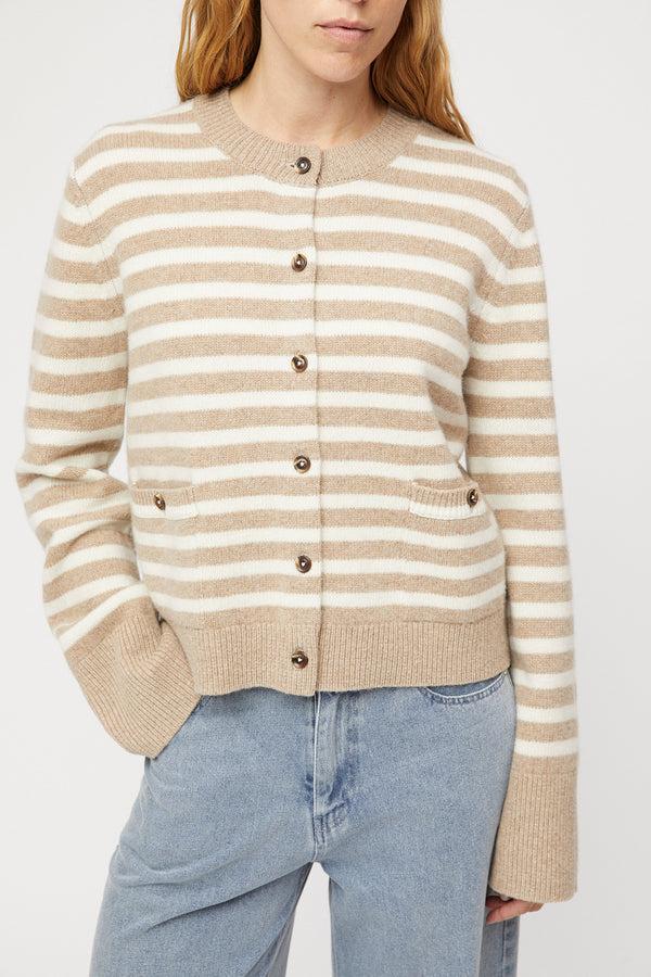 Fall Winter Spring Summer Structured Wool Cardigan Black Oatmeal Stripe