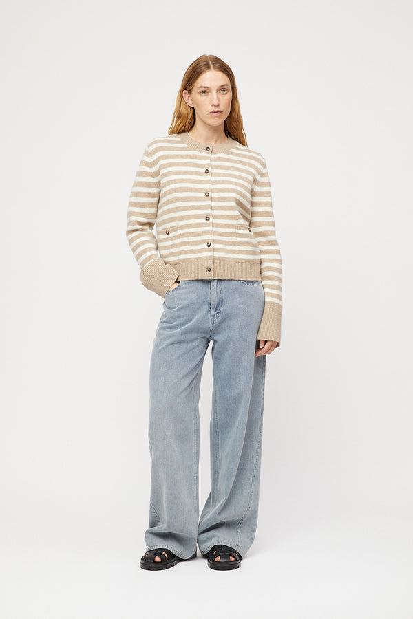 Fall Winter Spring Summer Structured Wool Cardigan Black Oatmeal Stripe