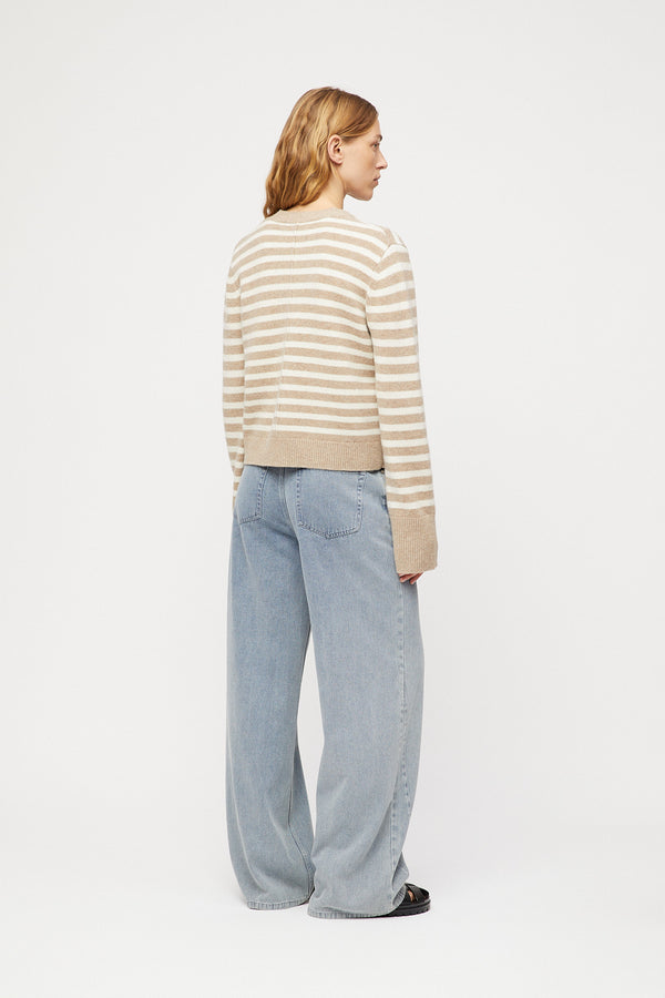 Fall Winter Spring Summer Structured Wool Cardigan Black Oatmeal Stripe