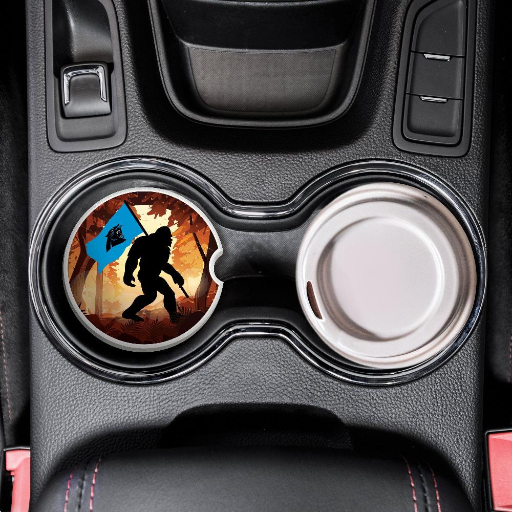 fan creations NFL Carolina Panthers Themed Ceramic Car Coaster – 2.5" Bigfoot Carrying Team Flag Design - 2 Pack