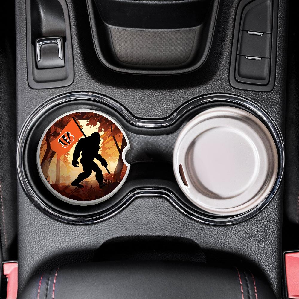 fan creations NFL Cincinnati Bengals Themed Ceramic Car Coaster – 2.5" Bigfoot Carrying Team Flag Design - 2 Pack