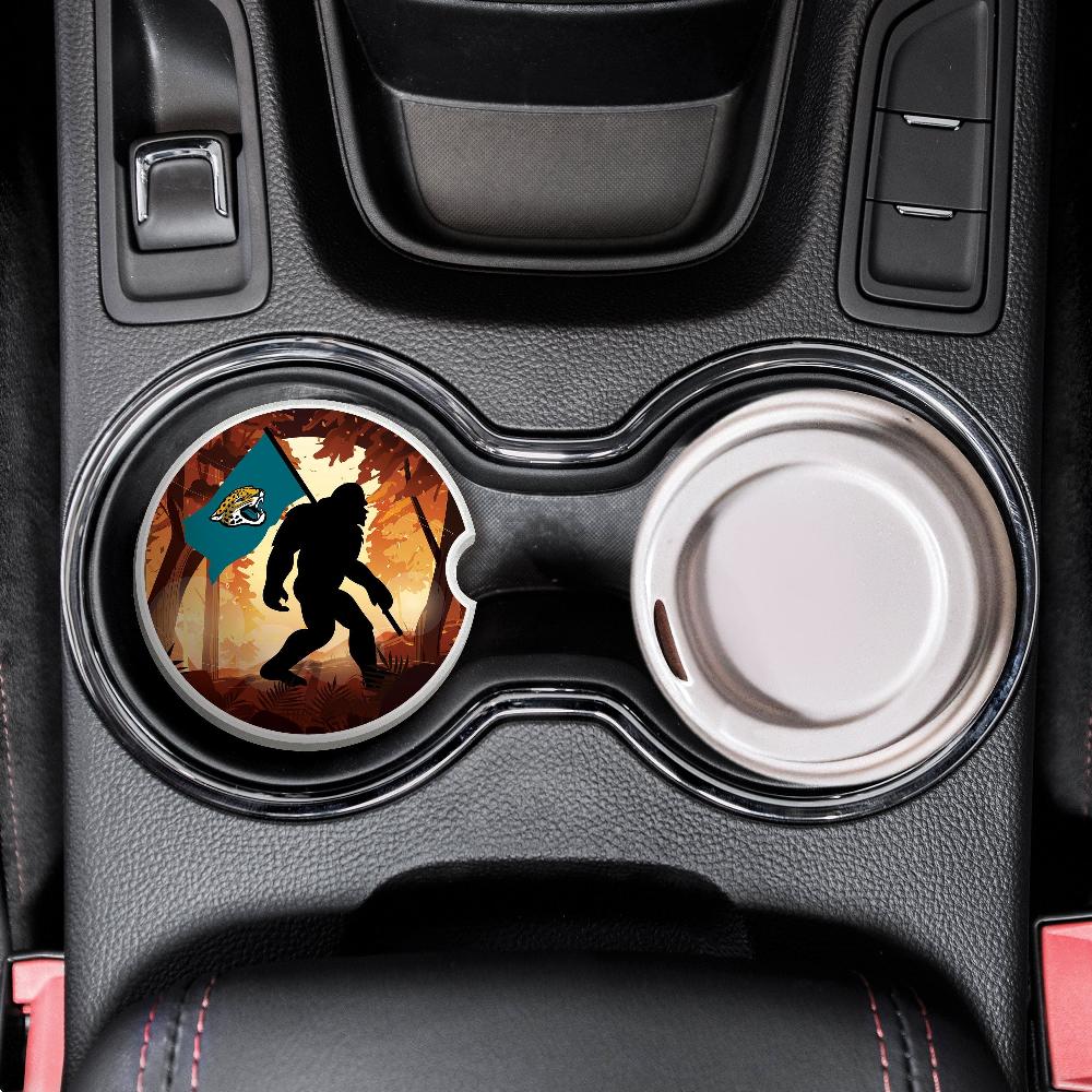 fan creations NFL Jacksonville Jaguars Themed Ceramic Car Coaster – 2.5" Bigfoot Carrying Team Flag Design - 2 Pack