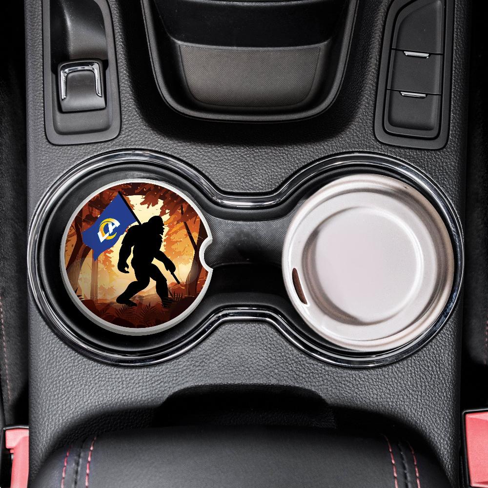 fan creations NFL Los Angeles Rams Themed Ceramic Car Coaster – 2.5" Bigfoot Carrying Team Flag Design - 2 Pack