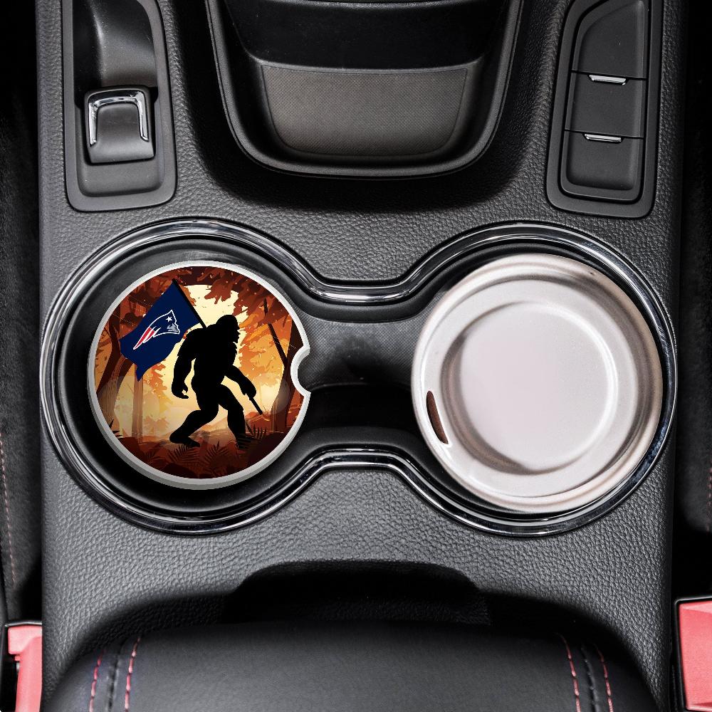 fan creations NFL New England Patriots Themed Ceramic Car Coaster – 2.5" Bigfoot Carrying Team Flag Design - 2 Pack