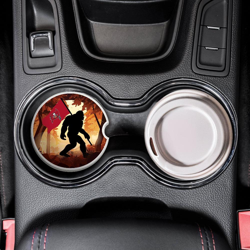 fan creations NFL Tampa Bay Buccaneers Themed Ceramic Car Coaster – 2.5" Bigfoot Carrying Team Flag Design - 2 Pack