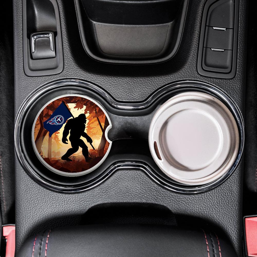 fan creations NFL Tennessee Titans Themed Ceramic Car Coaster – 2.5" Bigfoot Carrying Team Flag Design - 2 Pack