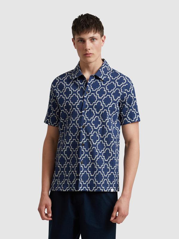 farah Astral Short Sleeve Medieval Print Shirt In Sigil Blue