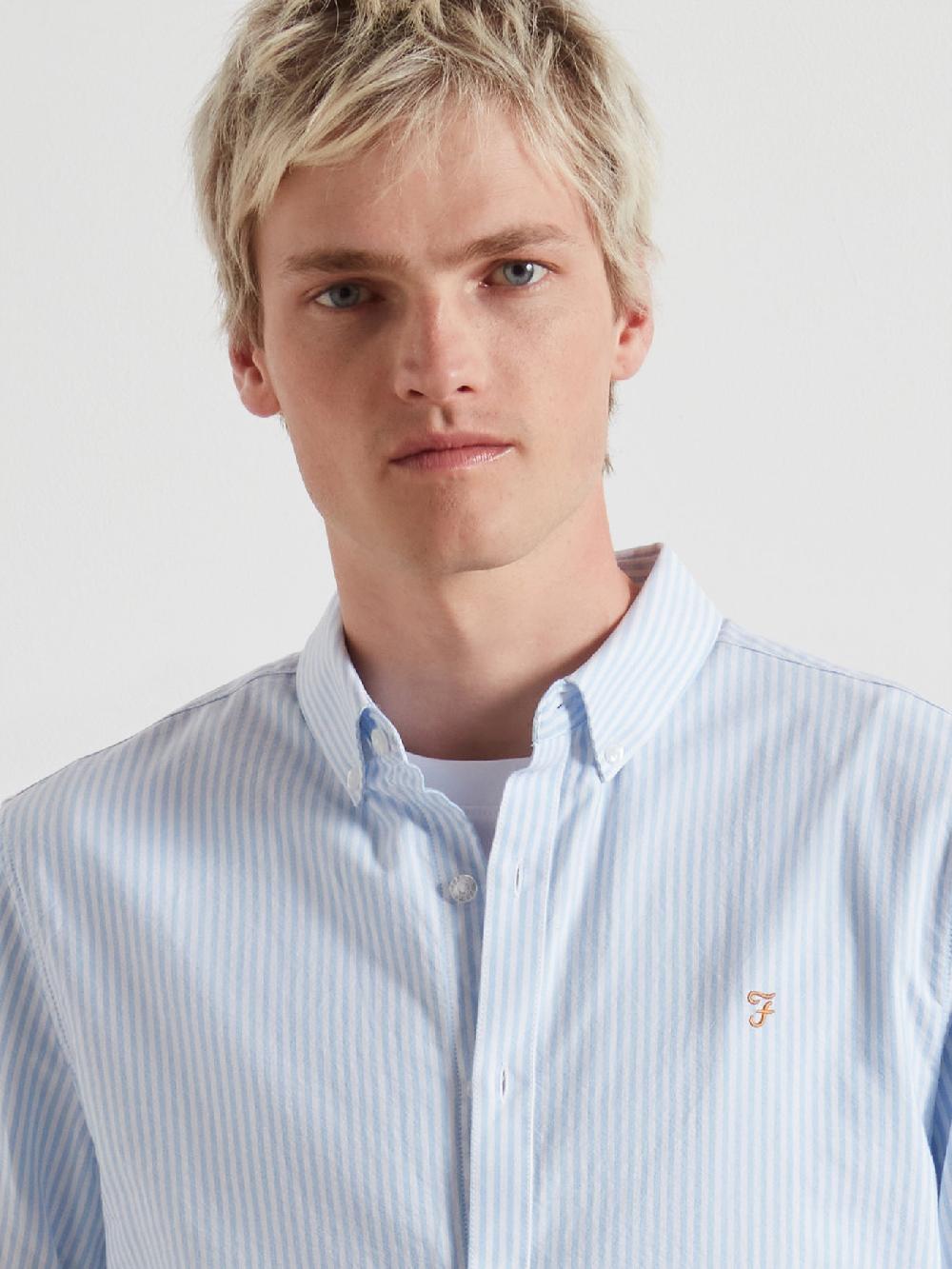 Farah Brewer Slim Fit Striped Organic Cotton Oxford Shirt In Sky Blue