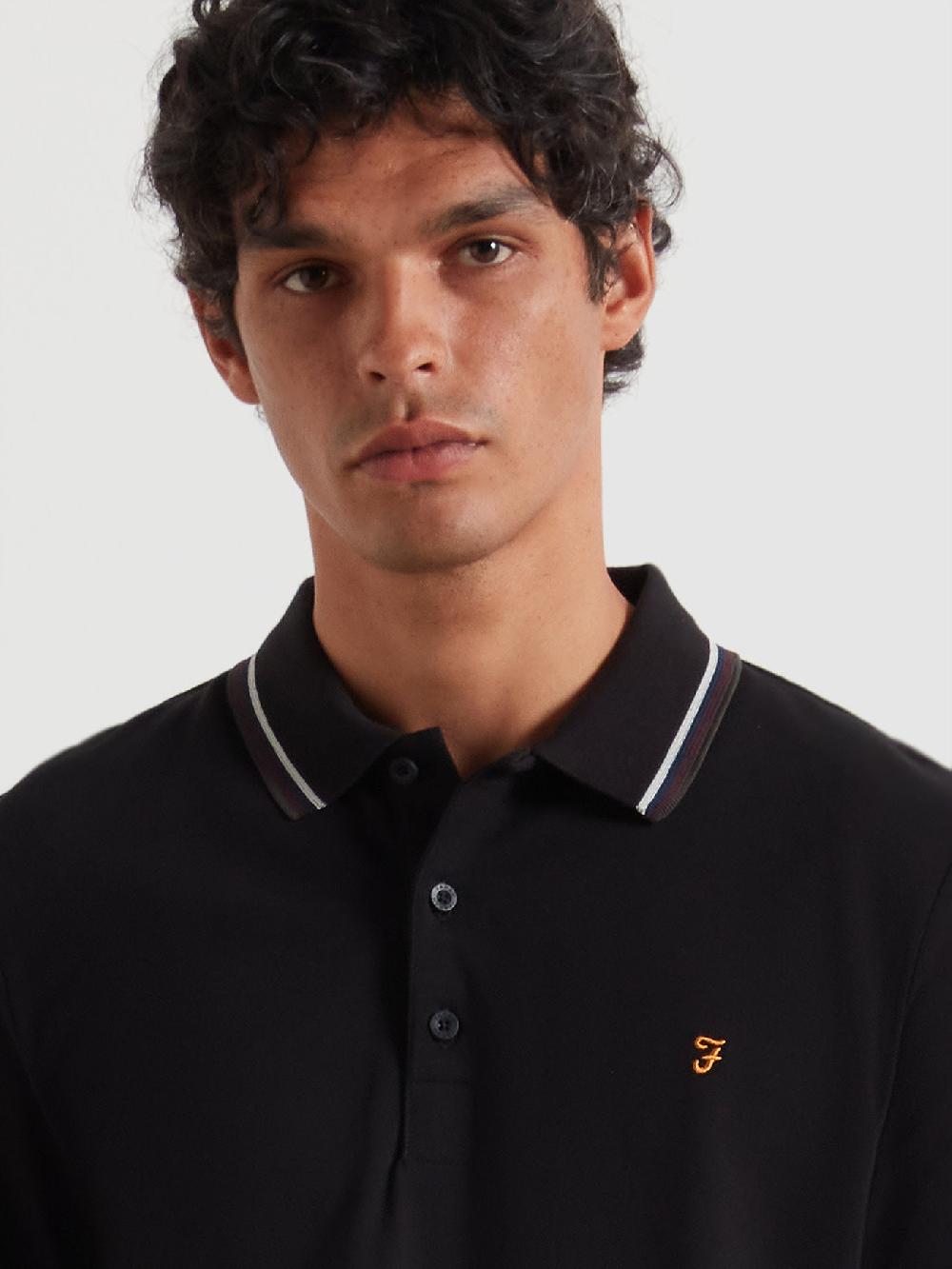 Farah Elton Tipped Long Sleeve Polo Shirt In Black