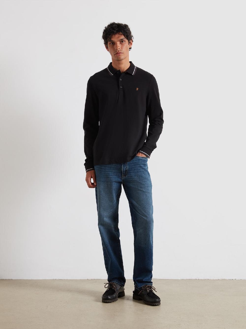 Farah Elton Tipped Long Sleeve Polo Shirt In Black
