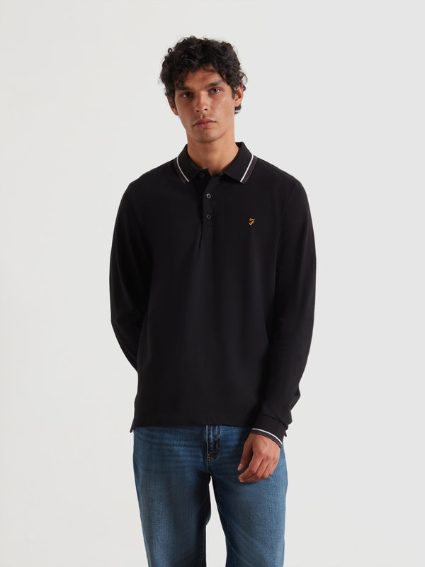 farah Elton Tipped Long Sleeve Polo Shirt In Black