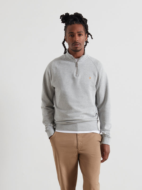 farah Jim Organic Cotton Quarter Zip Sweatshirt In Light Grey Marl