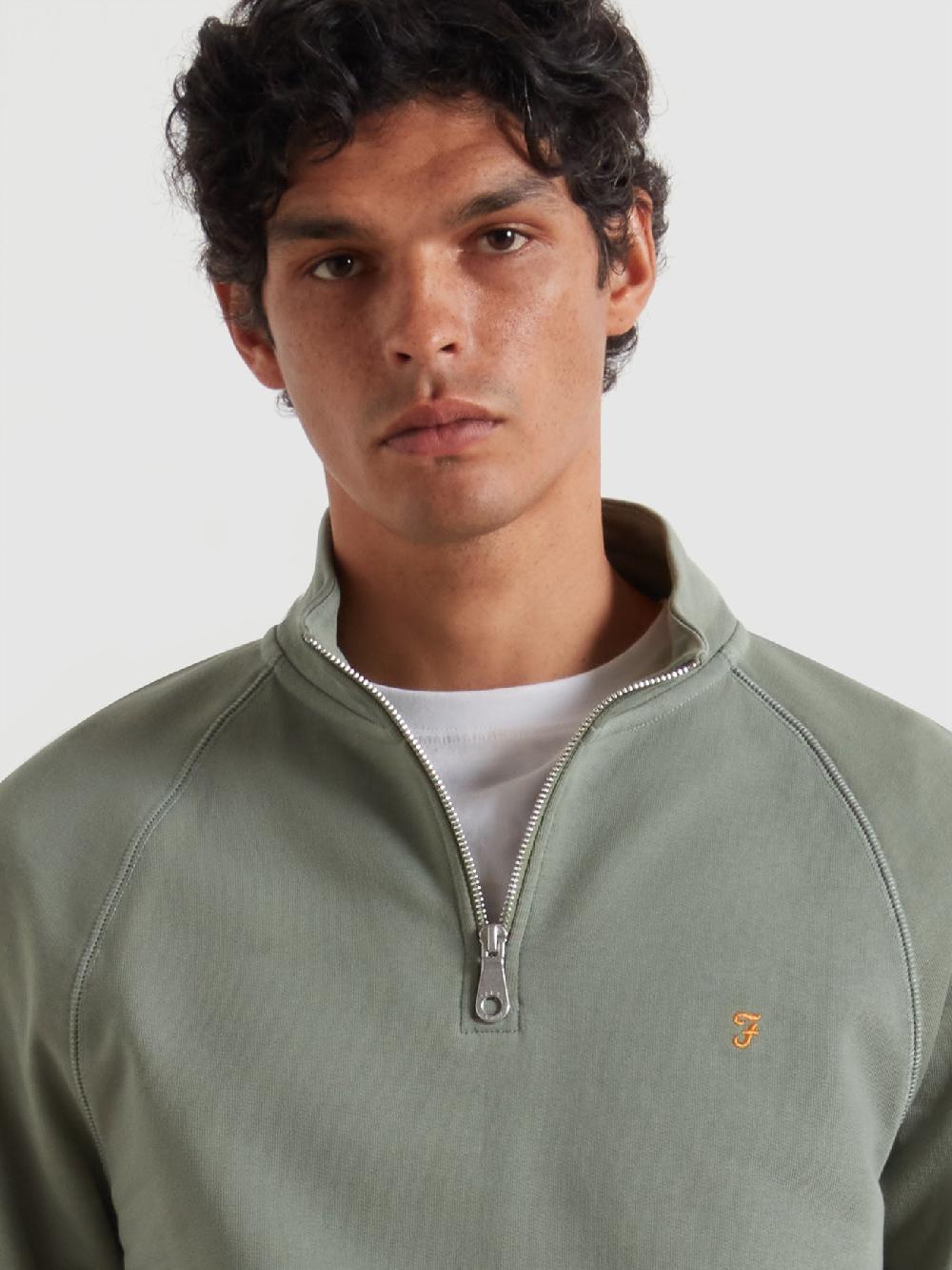 Farah Jim Organic Cotton Quarter Zip Sweatshirt In Tarragon Green